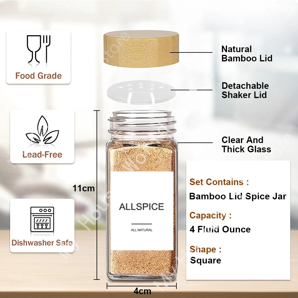 Glass Spice Jars Set | Natural Bamboo Lid + Stickers